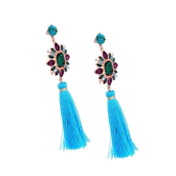 Flower Crystal Blue Tassel Fringe Vintage Gold Dangle Statement Earrings - Picture 3 of 9